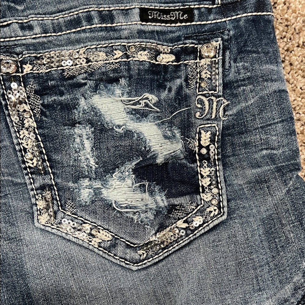 Miss Me Signature Distressed Denim Shorts with Sequin & Bling Trim size 31 - Picture 6 of 7
